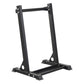 Black powder-coated steel pull-up bar stand with horizontal beam and wide base, on white background