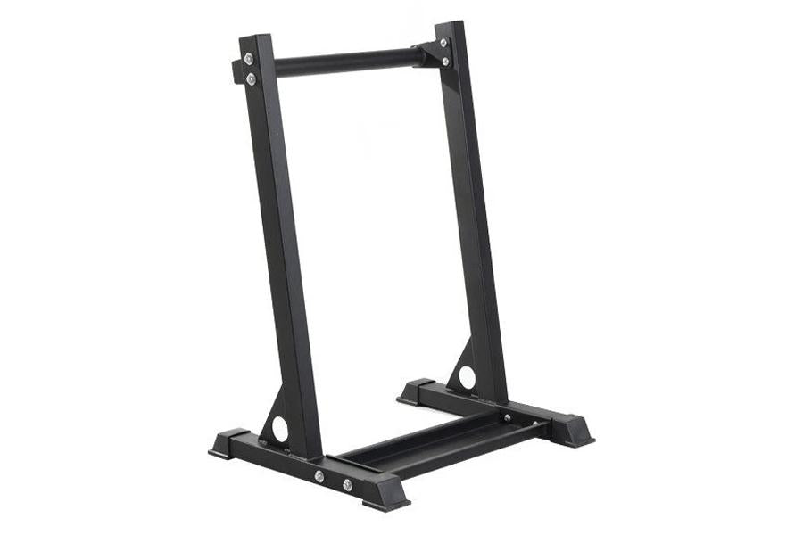 Black powder-coated steel pull-up bar stand with horizontal beam and wide base, on white background