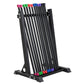 Black metal storage rack with angled frame holding colorful body bars in pink, green, red, blue, and purple, on white backgro