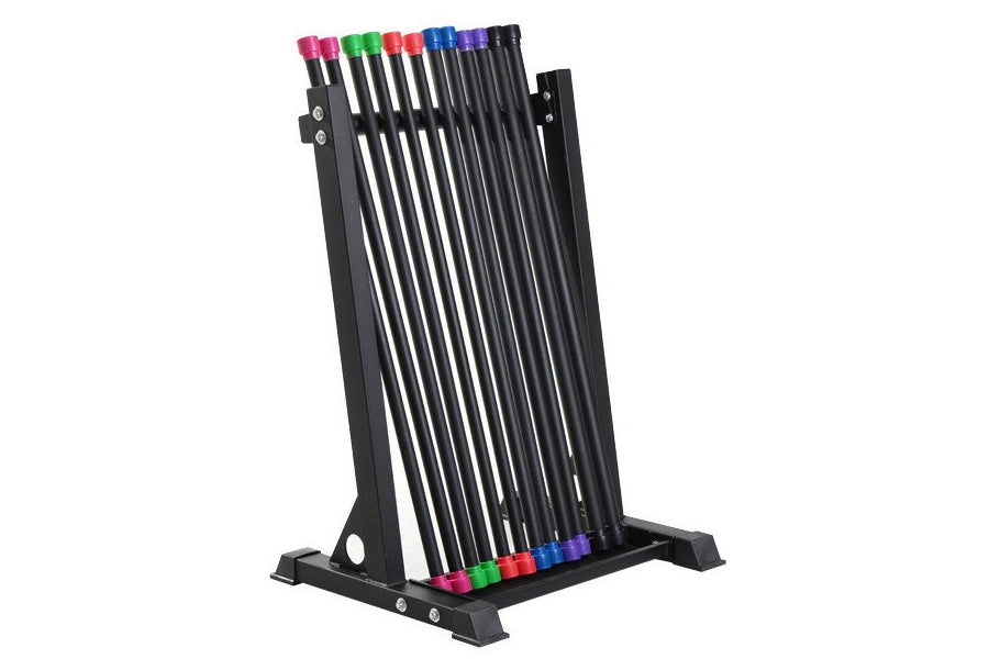 Black metal storage rack with angled frame holding colorful body bars in pink, green, red, blue, and purple, on white backgro