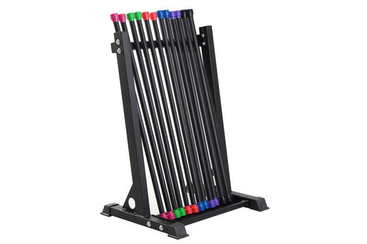 Black metal storage rack with angled frame holding colorful body bars in pink, green, red, blue, and purple, on white backgro