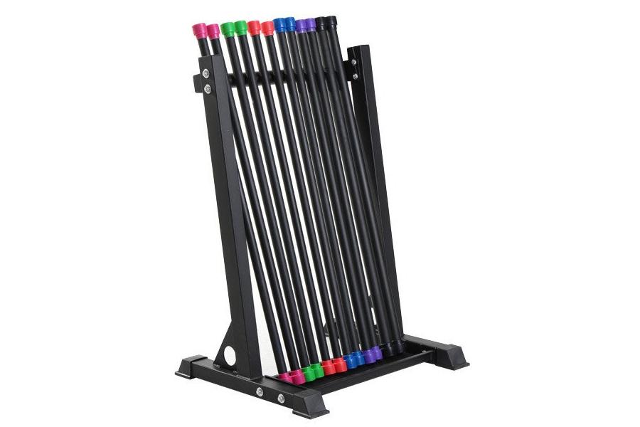Black body bar stand holding multiple colored bars in pink, green, orange, blue, and purple on white background