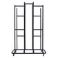 Black metal storage rack with three vertical sections and multiple shelves, on casters, front view