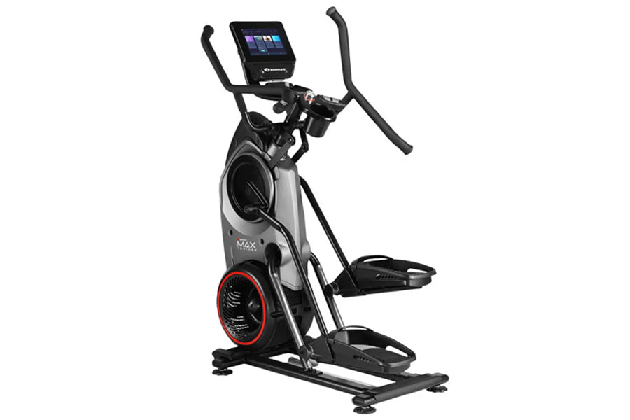 Bowflex Max Trainer M9 elliptical machine with black frame, silver accents, red wheel detail, digital display console, and du