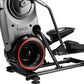 Bowflex Max Trainer M9 elliptical machine with black frame, red-accented flywheel, gray console, and dual foot pedals on whit