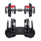 Bowflex SelectTech adjustable dumbbells with red and black weight plates, shown individually and in black stand on white back