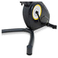 Black upright exercise bike with yellow and white flywheel, shown at angle on white background