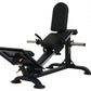 Black leg sled machine with padded seat and backrest, adjustable foot platform, and silver metal rails on white background