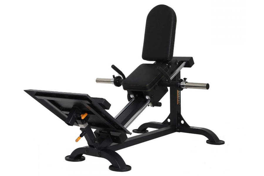 Black leg sled machine with padded seat and backrest, adjustable foot platform, and silver metal rails on white background