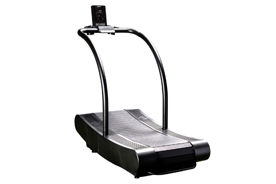 Woodway Curve LTG black treadmill with curved running deck and digital console on white background