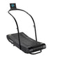 Black curved treadmill with arched handles and digital display screen on white background
