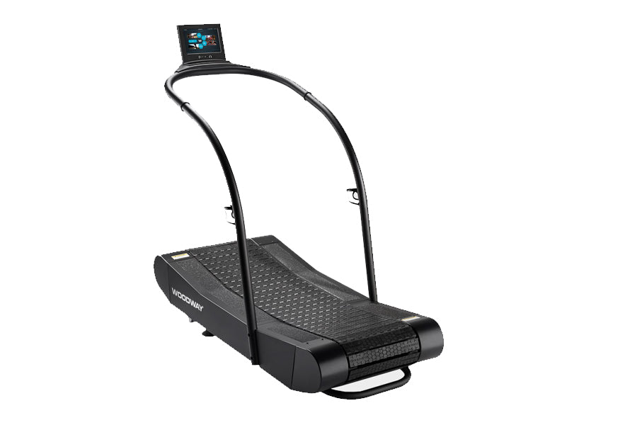 Black curved treadmill with arched handles and digital display screen on white background