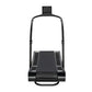 Black curved treadmill with dual handlebar frame and digital control panel on white background, front view
