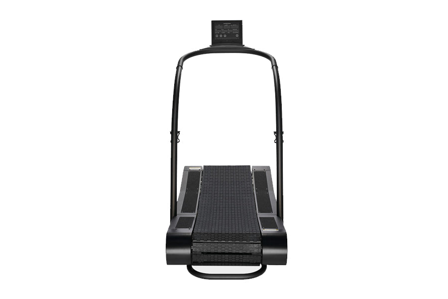 Black curved treadmill with dual handlebar frame and digital control panel on white background, front view