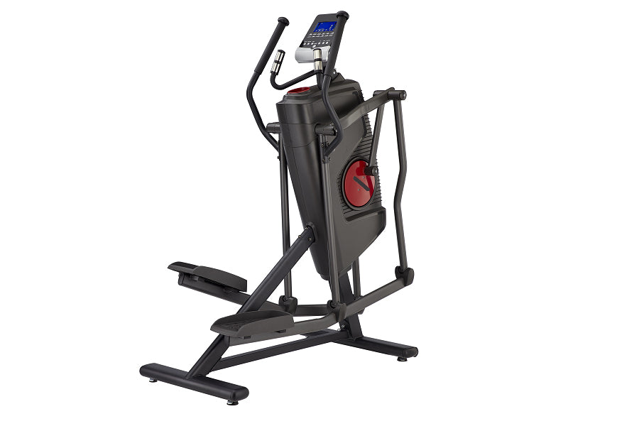 Black elliptical machine with red accent wheel, digital console display, and stationary handlebars on white background