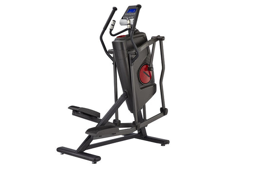 Black elliptical machine with red accent wheel, digital console display, and stationary handlebars on white background