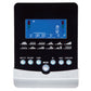 Fitness machine console with blue LCD display showing workout metrics, black and white control panel with multiple buttons an