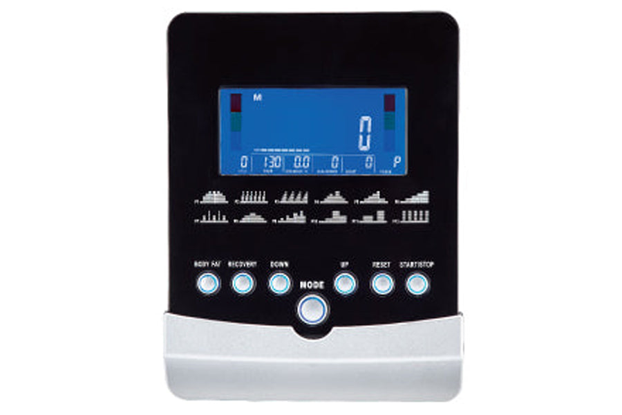 Fitness machine console with blue LCD display showing workout metrics, black and white control panel with multiple buttons an