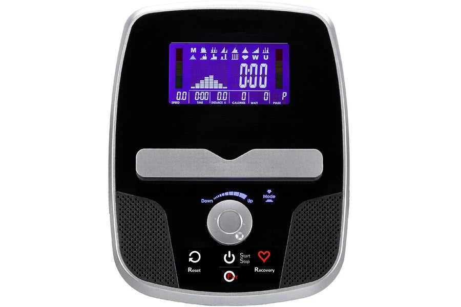 California Fitness EM20 elliptical machine with black and silver frame, blue LCD display showing workout metrics, control pan