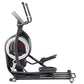 Black and red elliptical machine with curved handlebars, foot pedals, and digital display console on white background