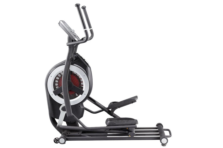 Black and red elliptical machine with curved handlebars, foot pedals, and digital display console on white background