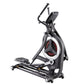 Black and white elliptical machine with red accent wheel and dual handlebars on white background