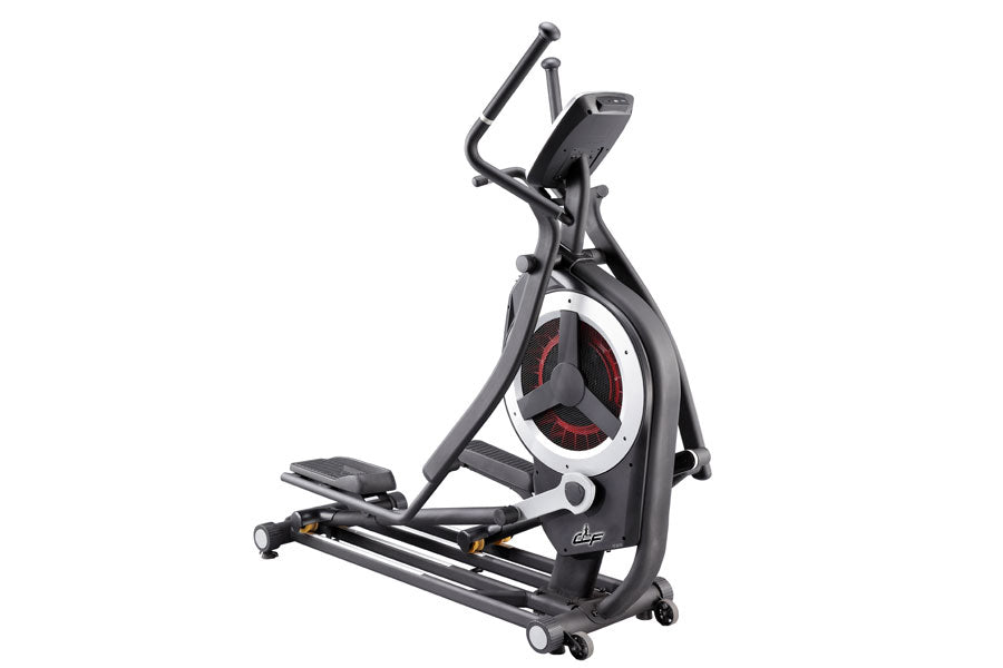 Black and white elliptical machine with red accent wheel and dual handlebars on white background