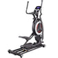Black elliptical trainer with digital console, red accents, and extended handlebars on white background