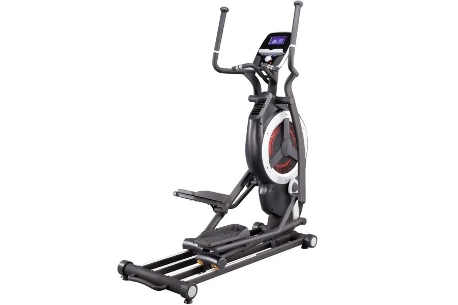 Black elliptical trainer with digital console, red accents, and extended handlebars on white background