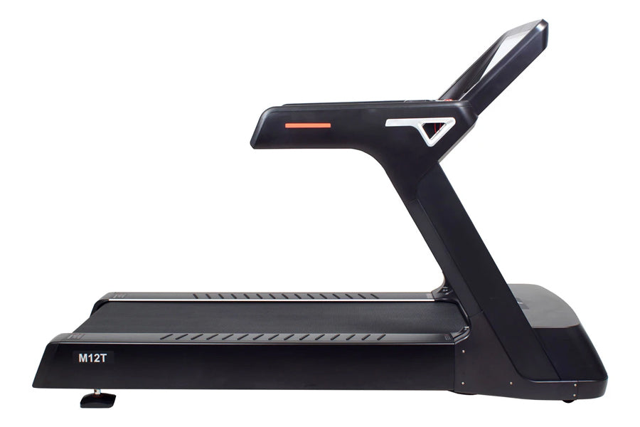 Black M12T treadmill with angled running deck, black upright console with orange accent line, and white logo on white backgro