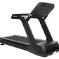Black commercial treadmill with digital touch console, incline capability, and wide running deck on white background