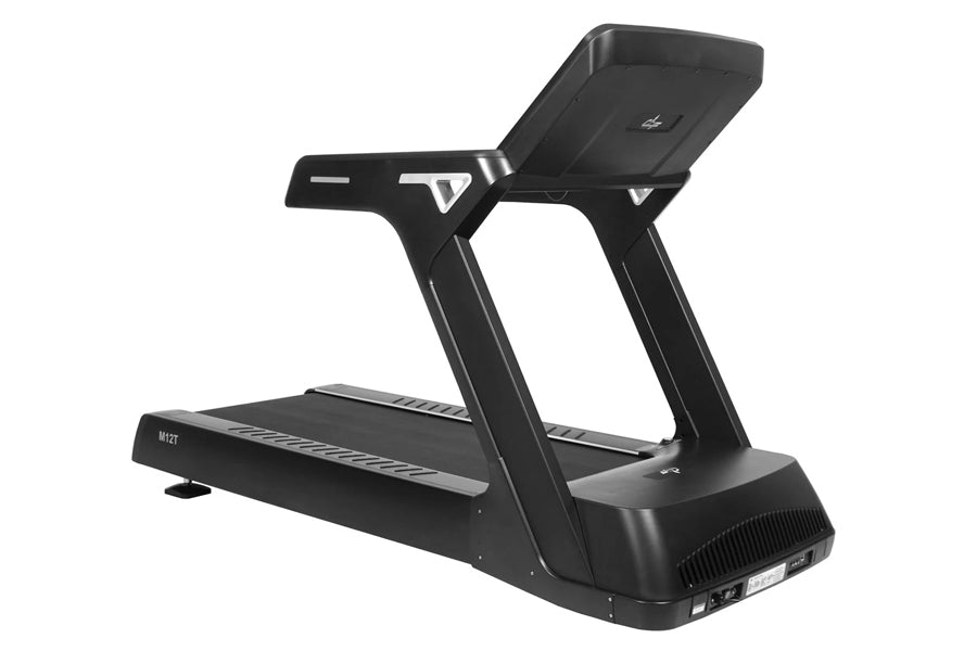 Black commercial treadmill with digital touch console, incline capability, and wide running deck on white background