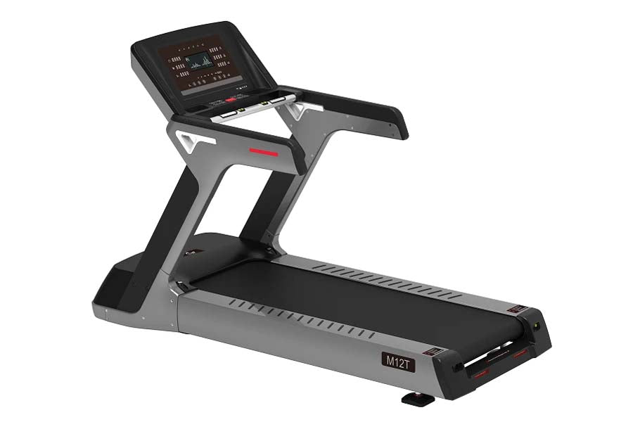 Gray and black motorized treadmill with touch console display, red accent details, and M12T model nameplate on belt