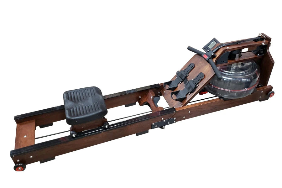 Brown and black folding water rowing machine with footrest, digital monitor, and water tank on white background