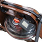 Brown wood and black folding water rowing machine with digital display console and handlebar, shown from above on white backg