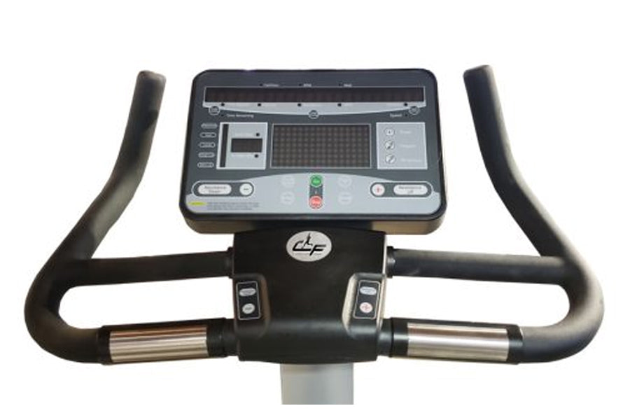 California Fitness UB30 upright exercise bike with black handlebars, digital console display, and metallic accent details on 