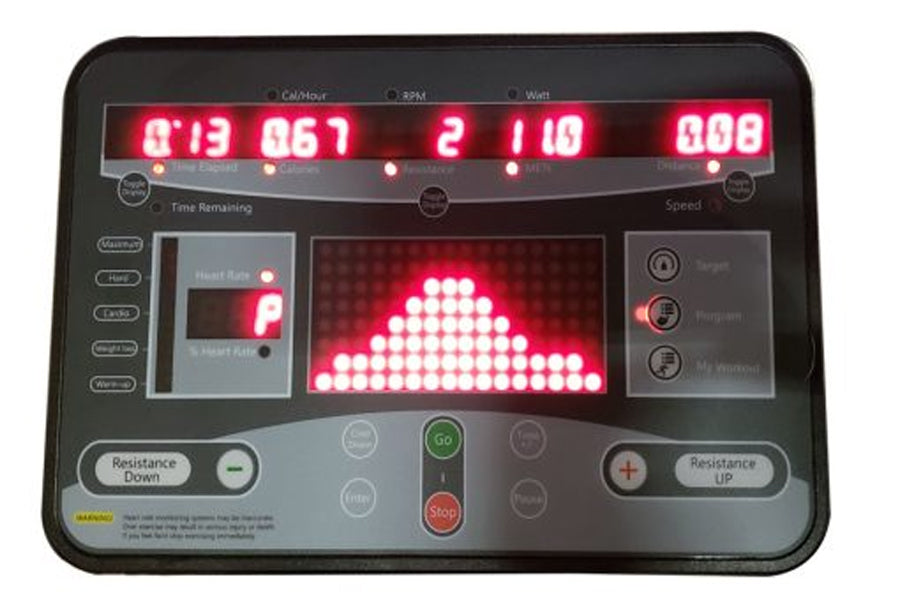 California Fitness UB30 upright exercise bike console with red LED display showing metrics, resistance controls, and heart ra