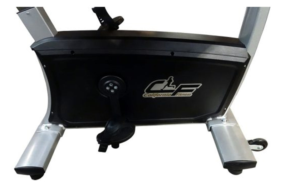California Fitness UB30 upright exercise bike with black seat and console, silver metal frame, viewed from front