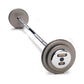 45-pound cast-iron barbell with gray weight plates and chrome bar on white background