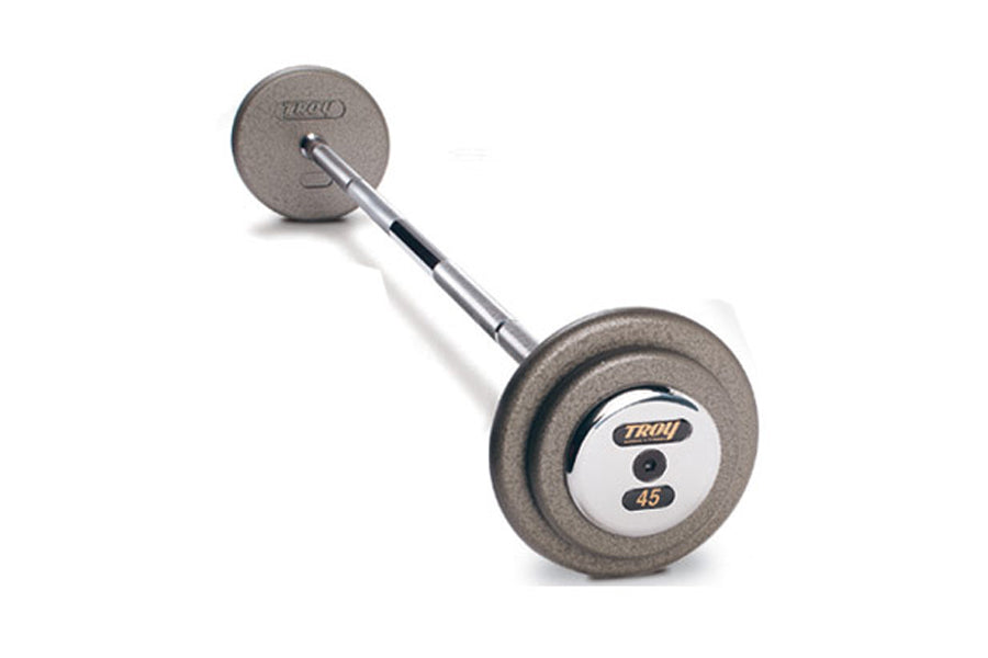 45-pound cast-iron barbell with gray weight plates and chrome bar on white background