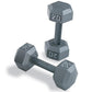 Pair of gray cast iron hex dumbbells with numbered heads on dark handles, flat lay on white background