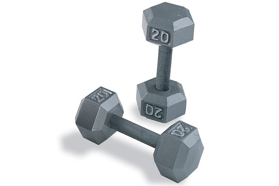 Pair of gray cast iron hex dumbbells with numbered heads on dark handles, flat lay on white background