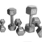 Set of cast iron hex dumbbells in varying sizes from 6 to 50 pounds, shown on white background