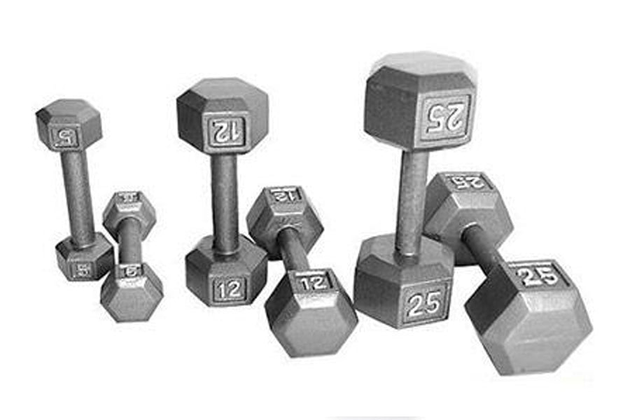 Set of cast iron hex dumbbells in varying sizes from 6 to 50 pounds, shown on white background