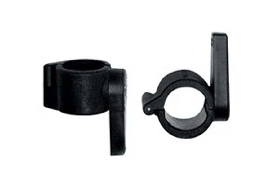 Two black plastic clamp collars with adjustable lever mechanisms, shown on white background