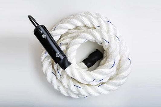 Warrior Climbing Rope in white with blue tracer strands and black handle grip, coiled on white background