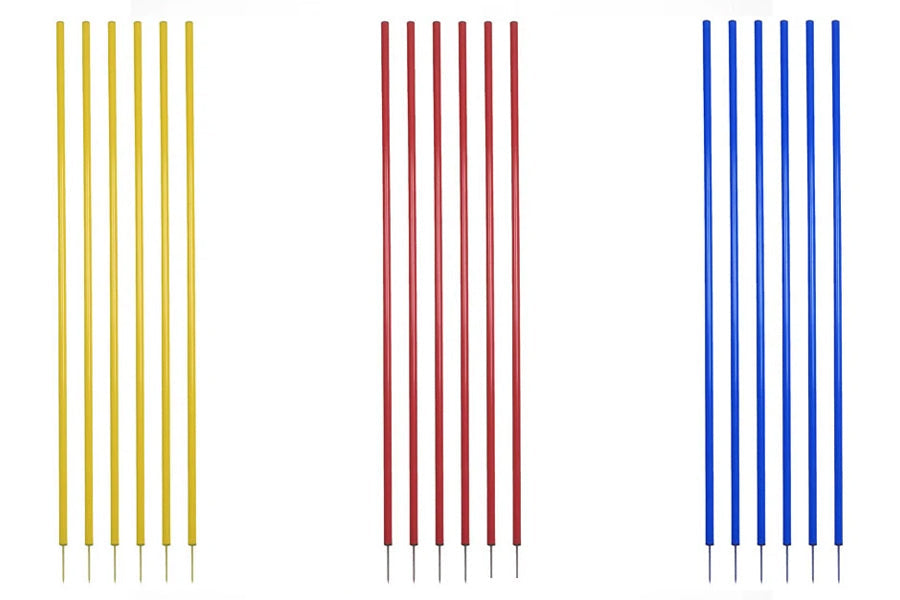 Set of six coaching sticks in yellow, burgundy, and blue, displayed on white background