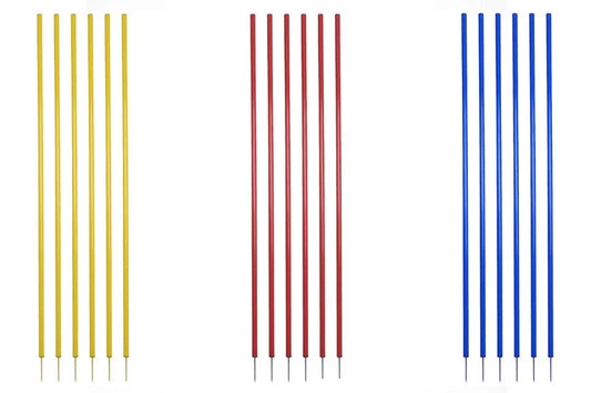 Set of six coaching sticks in yellow, burgundy, and blue, displayed on white background