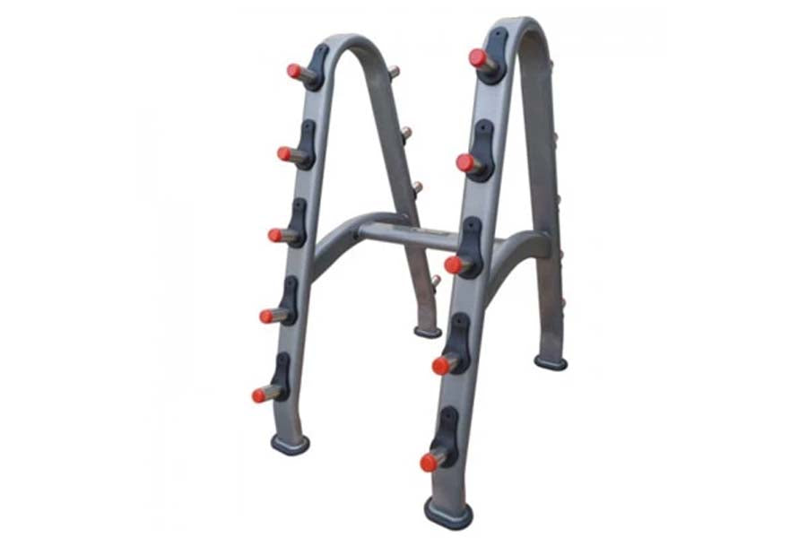Warrior Commercial Barbell Rack with gray metal frame and red safety stops, shown on white background