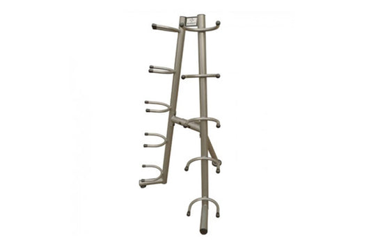 Warrior Commercial Medicine Ball Rack 10, tall gray metal stand with multiple curved hooks for storing medicine balls, on whi